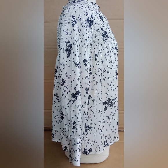 Zara Ruched Blouse White & Black Floral Stars Pattern Front Tie Balloon Sleeve - Picture 4 of 16